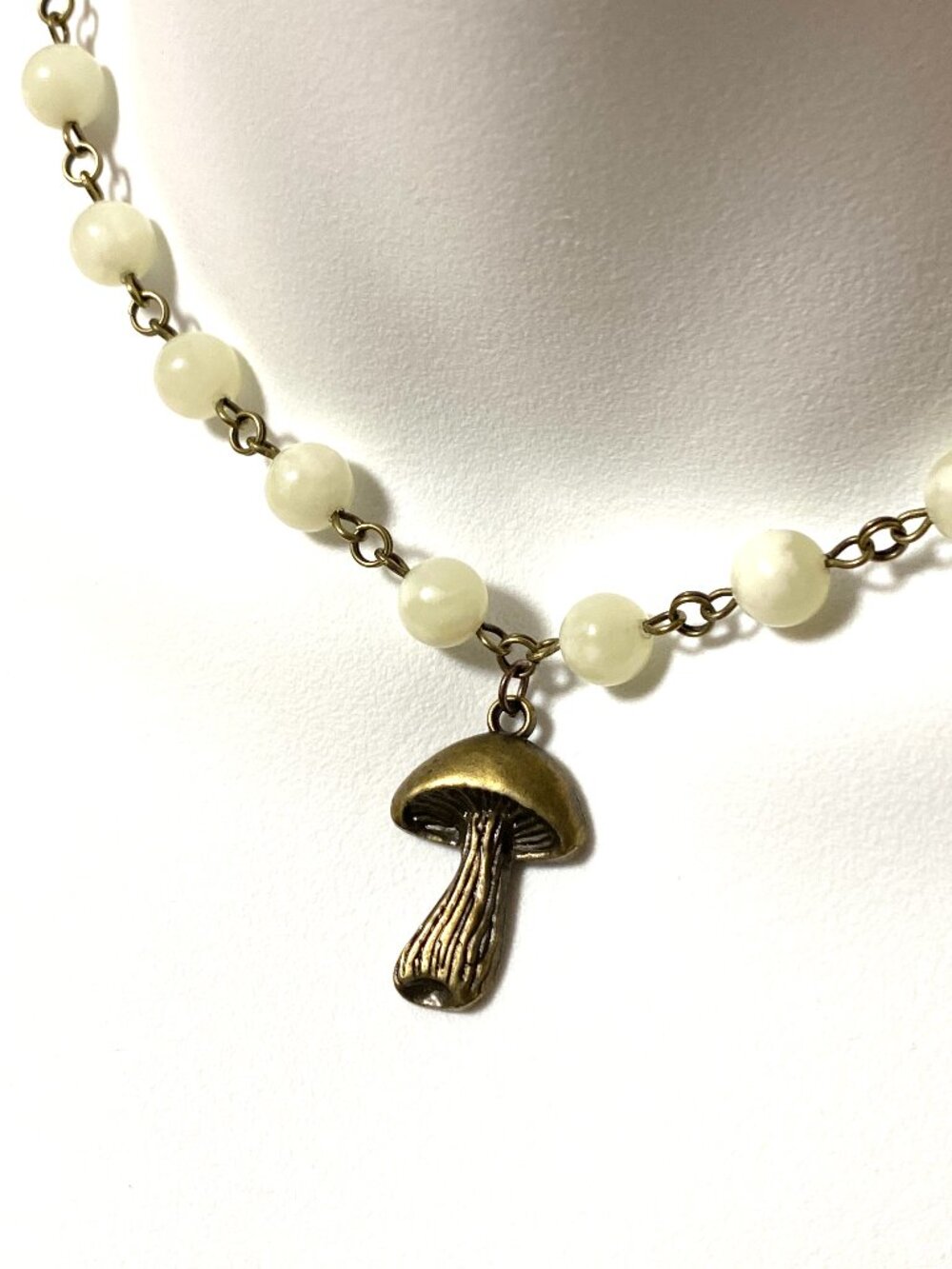 Natural Pale Green Serpentine Short Necklace, Gemstone & Bronze Slim Mushroom